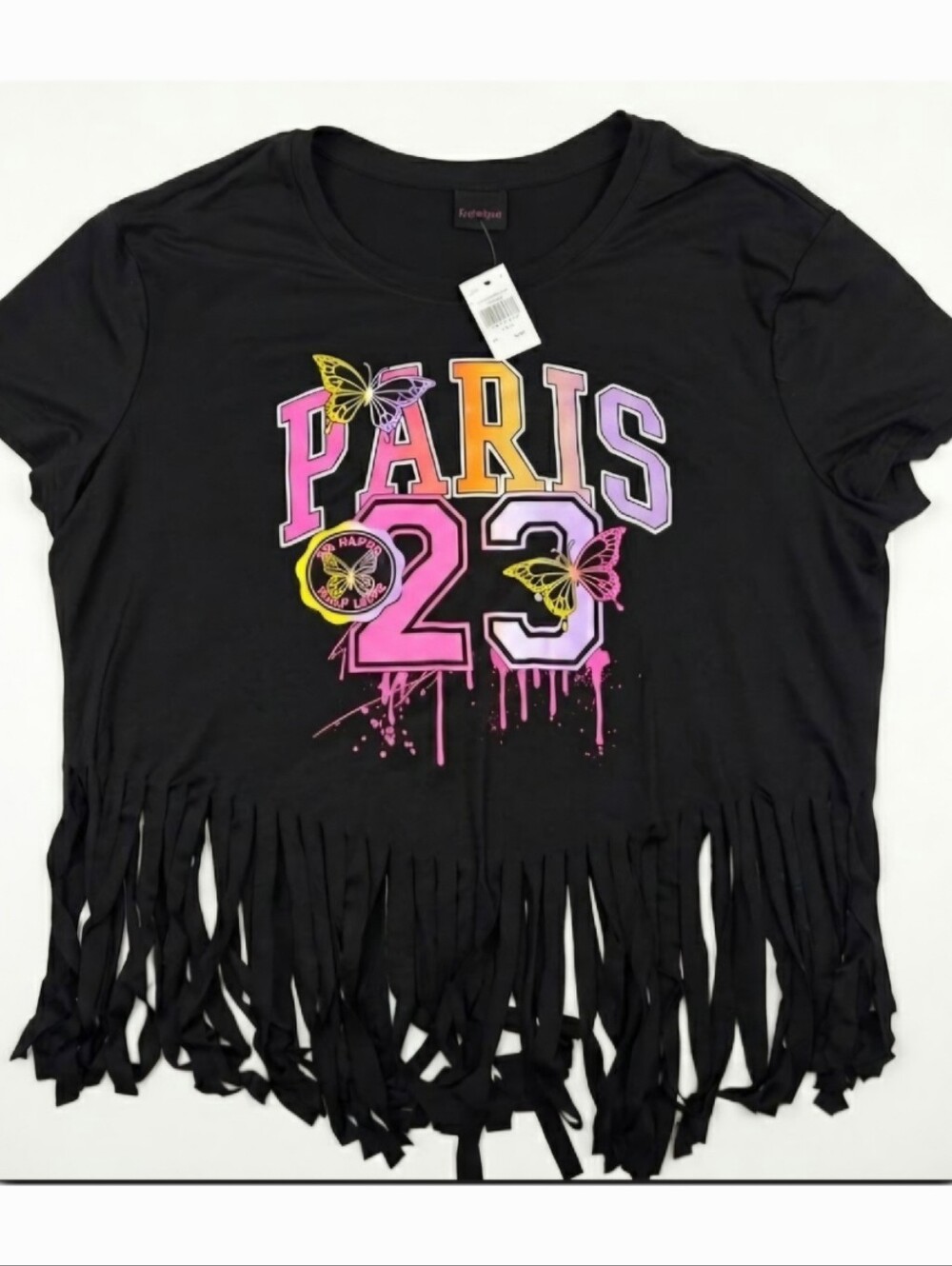 Black Fringe Tee with "PARIS 23" Graphic